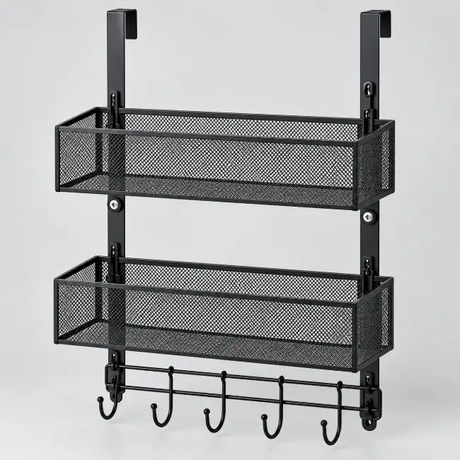 Over-Door 2-Tier Mesh Rack Organiser with Hooks Door Organiser Storage Hooks & Racks