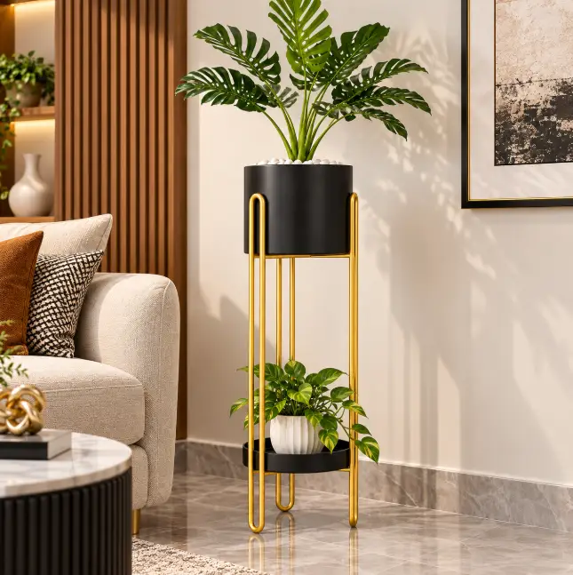 2-Tier Gold Metal Plant Stand with Black Pot Holders Plant Stand Plant Stands