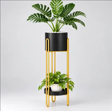 2-Tier Gold Metal Plant Stand with Black Pot Holders Plant Stand Plant Stands