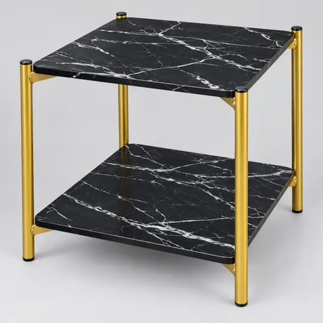 2-Tier Marble Print Side Table with Gold Frame Side Table End Tables