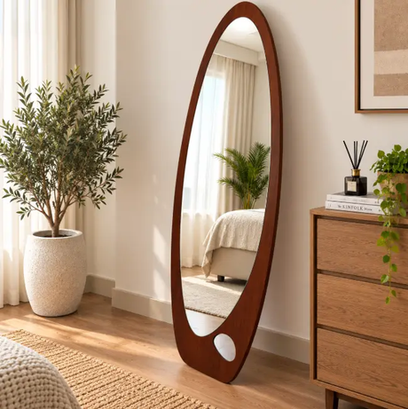 Oval Leaf Full-Length Floor Mirror - 160cm, Walnut Wood Frame Mirror Floor Mirrors