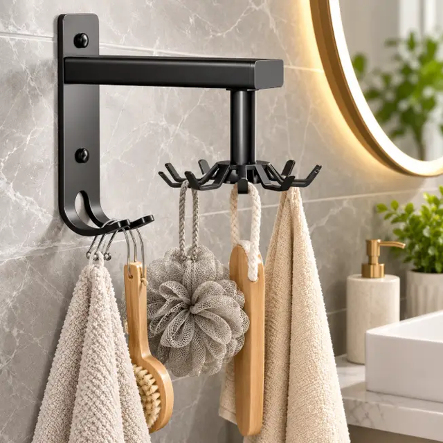 Rotating Wall-Mounted Hook Rack with Pull-Out Arm - Black Wall Hook Rack Storage Hooks & Racks