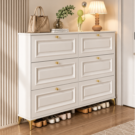 3-Drawer Flip-Down Shoe Cabinet - 120x100x24cm, White & Gold Shoe Cabinet Shoe Cabinets