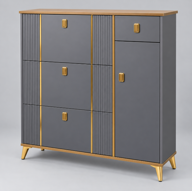 Multi-Layer Flip-Down Shoe Cabinet - 120x100x24cm, Grey & Gold Shoe Cabinet Shoe Cabinets
