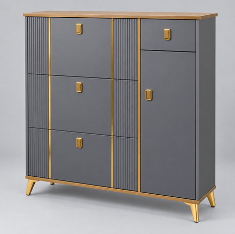 Multi-Layer Flip-Down Shoe Cabinet - 120x100x24cm, Grey & Gold Shoe Cabinet Shoe Cabinets