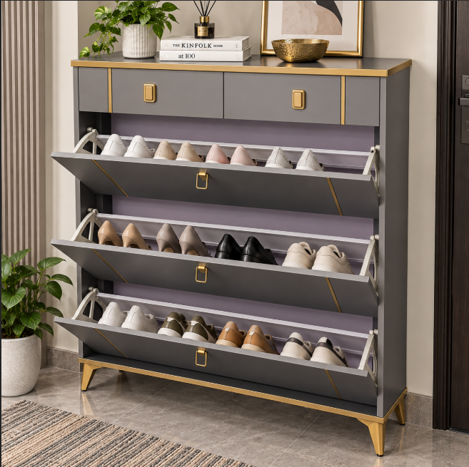 Tall Flip-Down Shoe Cabinet with Drawers - 100x132x24cm, Grey & Gold Shoe Cabinet Shoe Cabinets