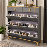 Tall Flip-Down Shoe Cabinet with Drawers - 100x132x24cm, Grey & Gold Shoe Cabinet Shoe Cabinets