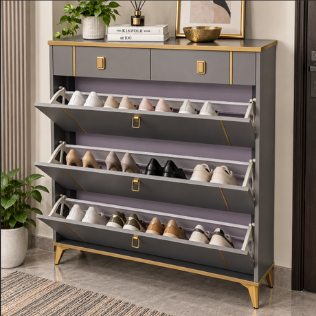 Tall Flip-Down Shoe Cabinet with Drawers - 100x132x24cm, Grey & Gold Shoe Cabinet Shoe Cabinets