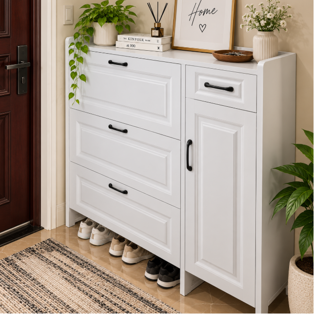 Combo Flip-Down Shoe Cabinet with Side Door - 120x100x24cm, White Shoe Cabinet Shoe Cabinets