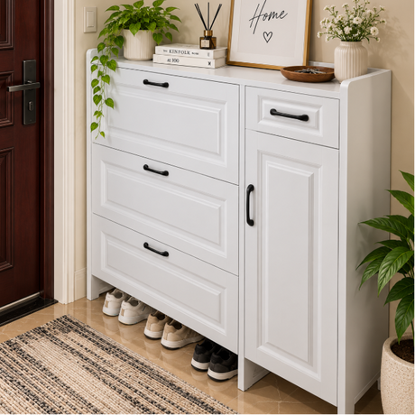 Combo Flip-Down Shoe Cabinet with Side Door - 120x100x24cm, White Shoe Cabinet Shoe Cabinets