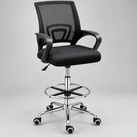Executive Drafting Bar Stool with Armrests & Footrest Ring, Black Office Chair Adjustable Bar Stools