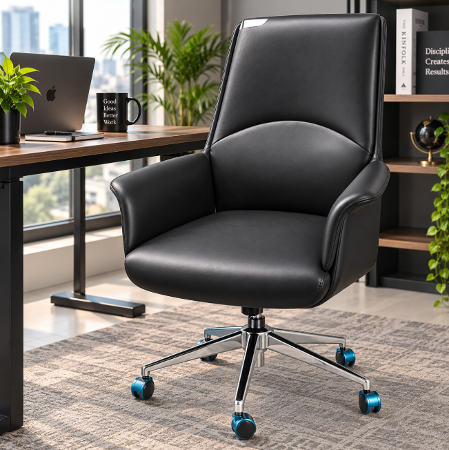 Mid-High Back Executive Office Chair - Contoured Faux Leather, Black Office Chair Office Chairs