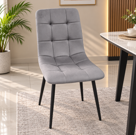 Tufted Grid High-Back Dining Chair Set of 4 - Grey Fabric, Black Legs Dining Chair Dining Chairs