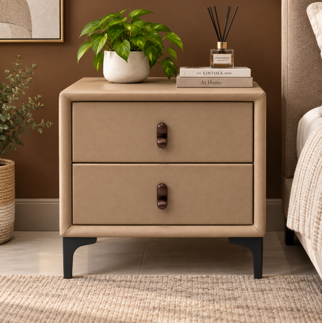 PU Leather Bedside Table 2 Drawers - Cream/Beige, Black Legs Bedside Table Nightstands