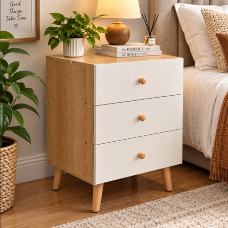 3-Drawer Bedside Table Wooden Legs - Cream/Oak, Scandi Style Bedside Table Nightstands