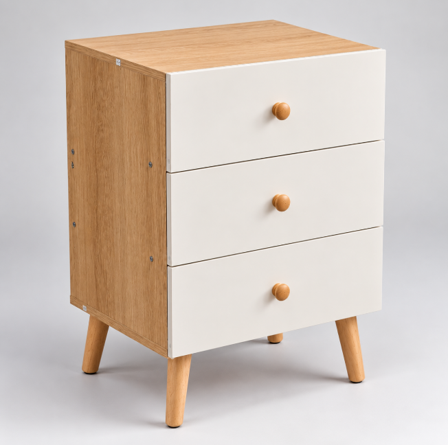 3-Drawer Bedside Table Wooden Legs - Cream/Oak, Scandi Style Bedside Table Nightstands