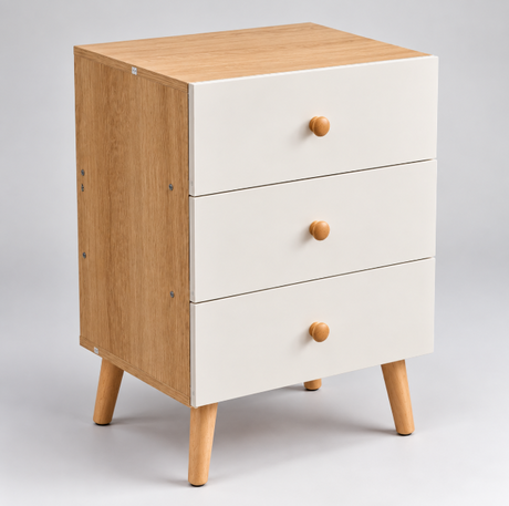 3-Drawer Bedside Table Wooden Legs - Cream/Oak, Scandi Style Bedside Table Nightstands