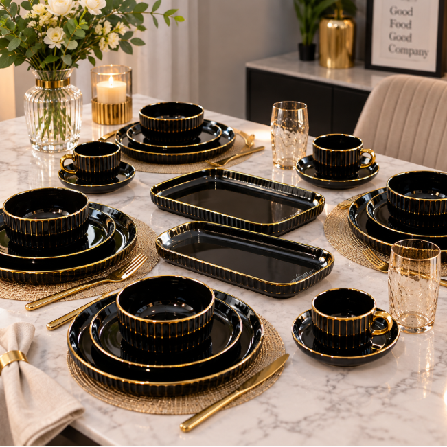 32-Piece European Porcelain Dinner Set - Black & Gold Rim Dinner Set Dinnerware Sets