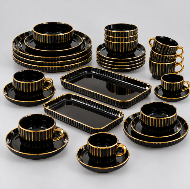 32-Piece European Porcelain Dinner Set - Black & Gold Rim Dinner Set Dinnerware Sets