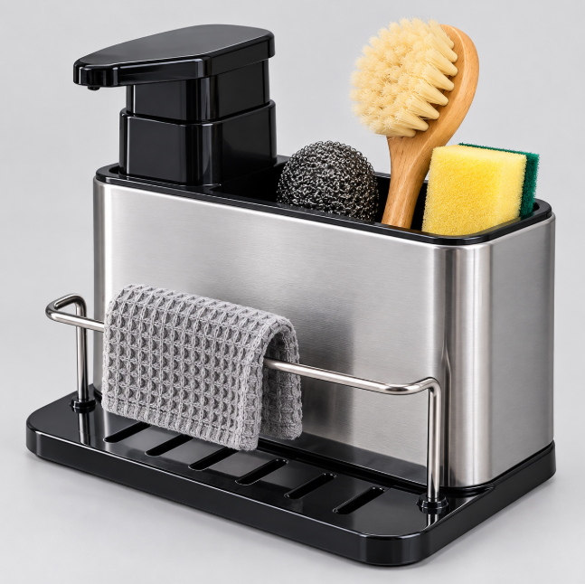 3-in-1 Stainless Steel Sink Organiser with Soap Pump Dispenser Kitchen Organiser Sink Caddies