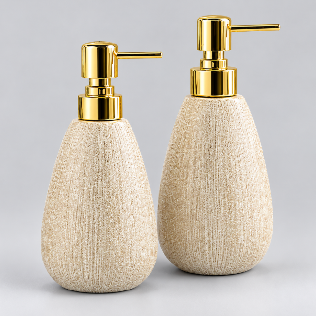 Golden Ceramic Lotion & Soap Dispenser - Cream Linen Texture Soap Dispenser Soap & Lotion Dispensers