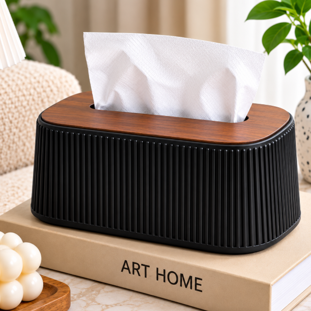 Vertical Striped Tissue Box with Wooden-Look Cover - 3 Colours Tissue Box Facial Tissue Holders