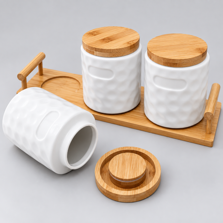 Ceramic Storage Canister Set with Bamboo Lids & Tray - 3pcs, White Storage Canister Set Food Storage Containers