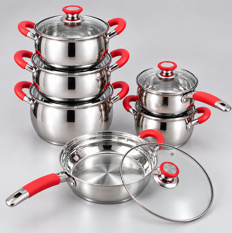 12-Piece Stainless Steel Cookware Set - Red Handles Cookware Set Cookware Sets