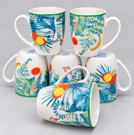 Tropical Botanical Porcelain Mug Set - 6pcs Mug Set Mugs