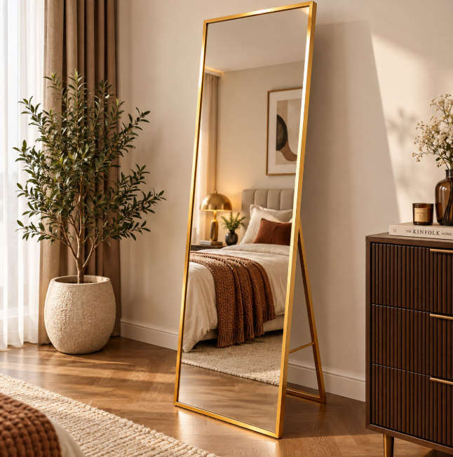 Full-Length Rose Gold Metal Frame Mirror - Leaner Wall Mirror Mirror Floor Mirrors