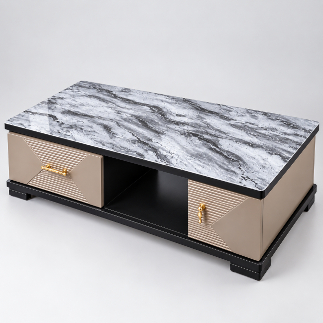 Marble-Effect Glass Top Coffee Table with Drawers Coffee Table Coffee Tables