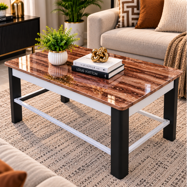 Walnut & Marble-Effect Coffee Table with Storage Shelf - 2-Tone Coffee Table Coffee Tables
