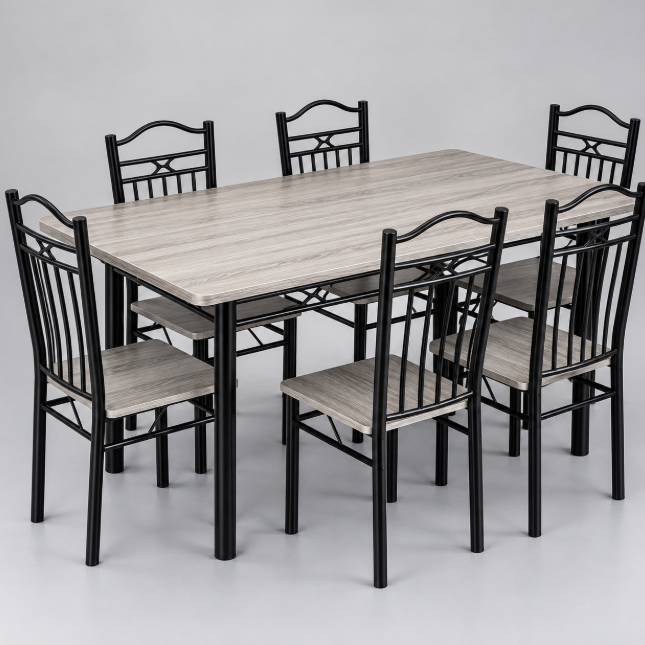 Oak Wood-Grain Dining Table & 4 Chairs Set - Sand, Black Steel Legs Dining Set Kitchen & Dining Furniture Sets
