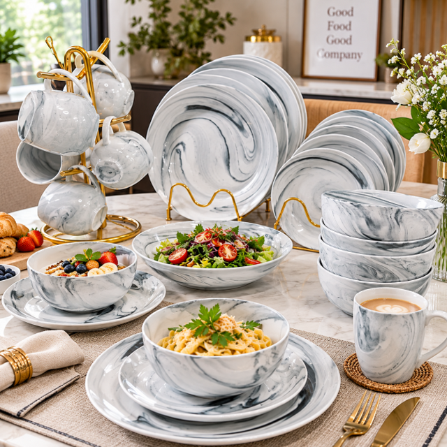 Marble Elegance Porcelain Dinner Set - White & Grey Swirl Dinner Set Dinnerware Sets
