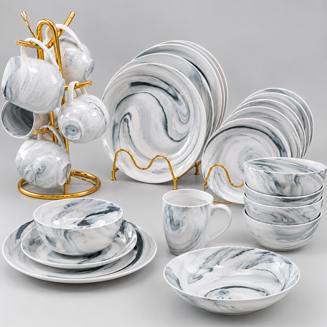 Marble Elegance Porcelain Dinner Set - White & Grey Swirl Dinner Set Dinnerware Sets
