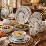 Marble Elegance Porcelain Dinner Set - White & Grey Swirl Dinner Set Dinnerware Sets