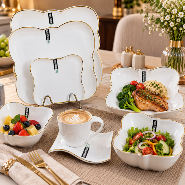 Supacook 36-Piece Butterfly Scalloped Dinner Set - White & Gold Rim Dinner Set Dinnerware Sets