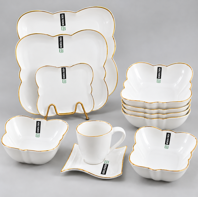 Supacook 36-Piece Butterfly Scalloped Dinner Set - White & Gold Rim Dinner Set Dinnerware Sets