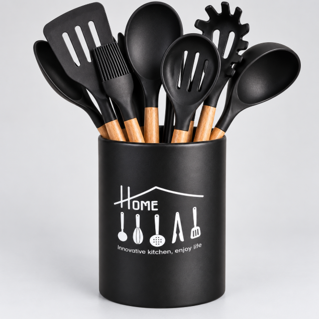 Matte Black Metal Utensil Holder with Drain Lid - Home Kitchen Kitchen Organiser Kitchen Utensil Holders