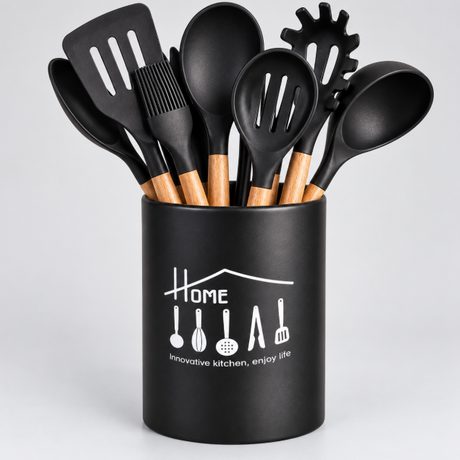 Matte Black Metal Utensil Holder with Drain Lid - Home Kitchen Kitchen Organiser Kitchen Utensil Holders