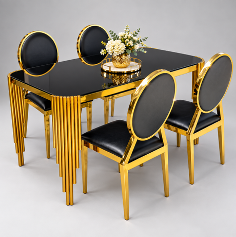 Black Glass Top Gold Dining Table & 4 Chairs Set Dining Set Kitchen & Dining Furniture Sets