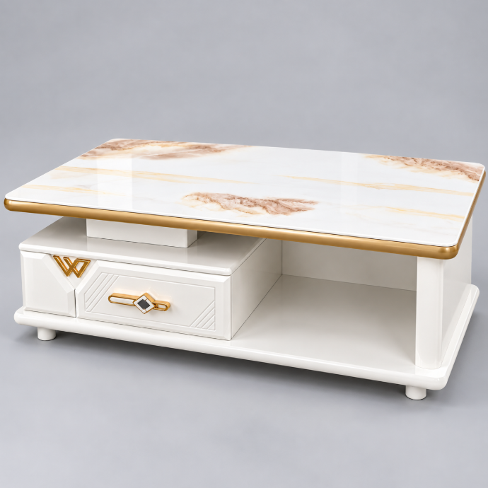 C336 White & Gold Marble Glass Top Coffee Table with Drawer Coffee Table Coffee Tables
