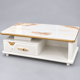 C336 White & Gold Marble Glass Top Coffee Table with Drawer Coffee Table Coffee Tables