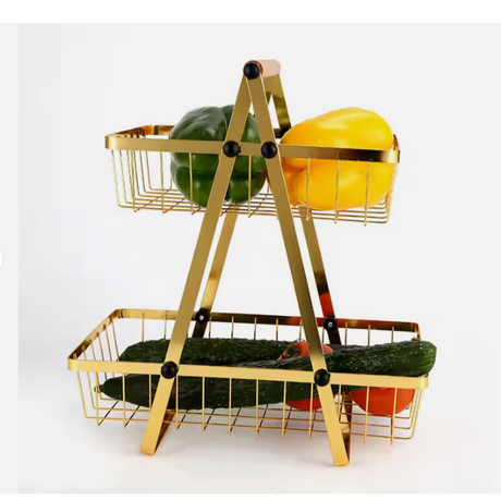 Multipurpose V-shaped Two Layer Metallic Golden Rack with Wooden Handle- Furaha Finds Kenya