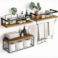 Set of 3 Rustic Wall Mounted Floating Shelves with Towel Rack Bathroom Storage Bath Caddies