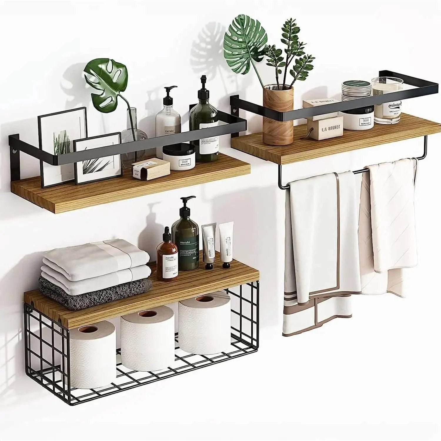 Set of 3 Rustic Wall Mounted Floating Shelves with Towel Rack Bathroom Storage Bath Caddies