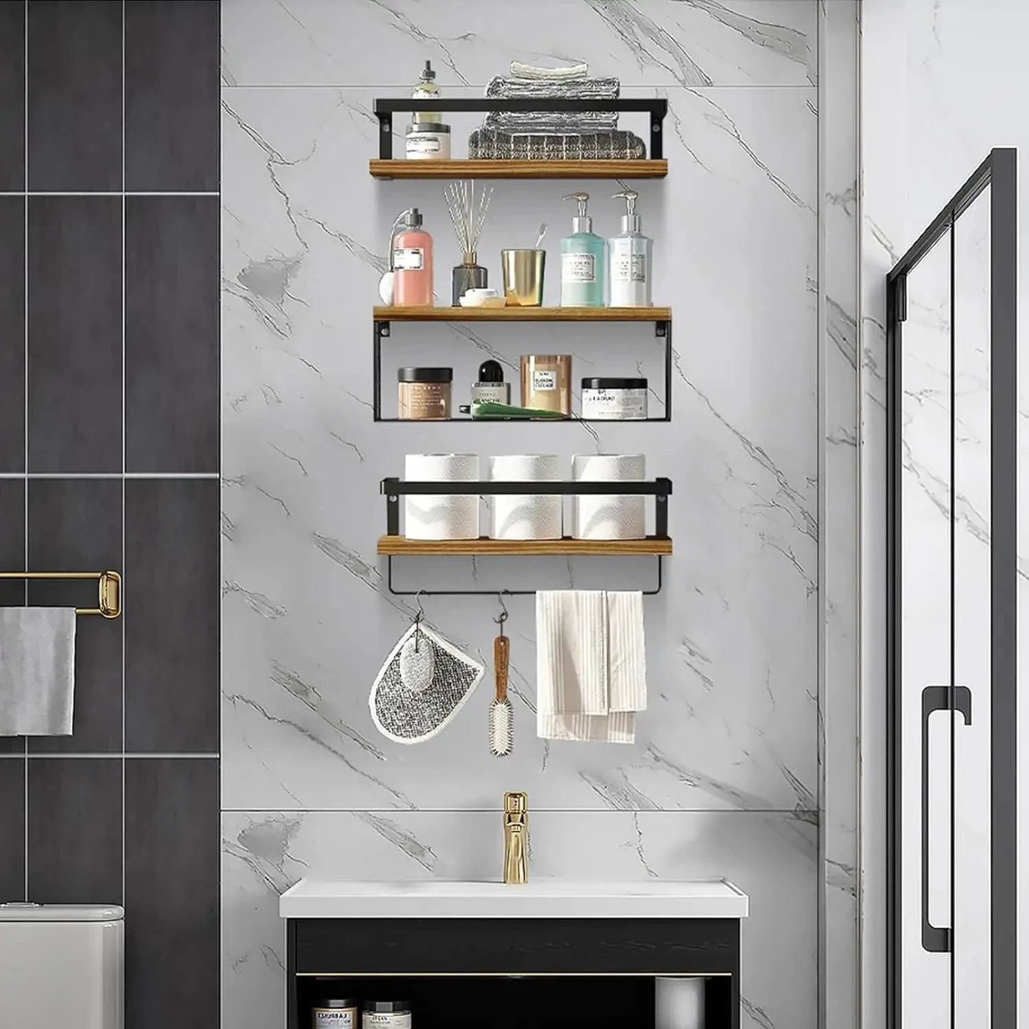 Set of 3 Rustic Wall Mounted Floating Shelves with Towel Rack Bathroom Storage Bath Caddies