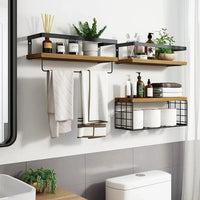 Set of 3 Rustic Wall Mounted Floating Shelves with Towel Rack Bathroom Storage Bath Caddies