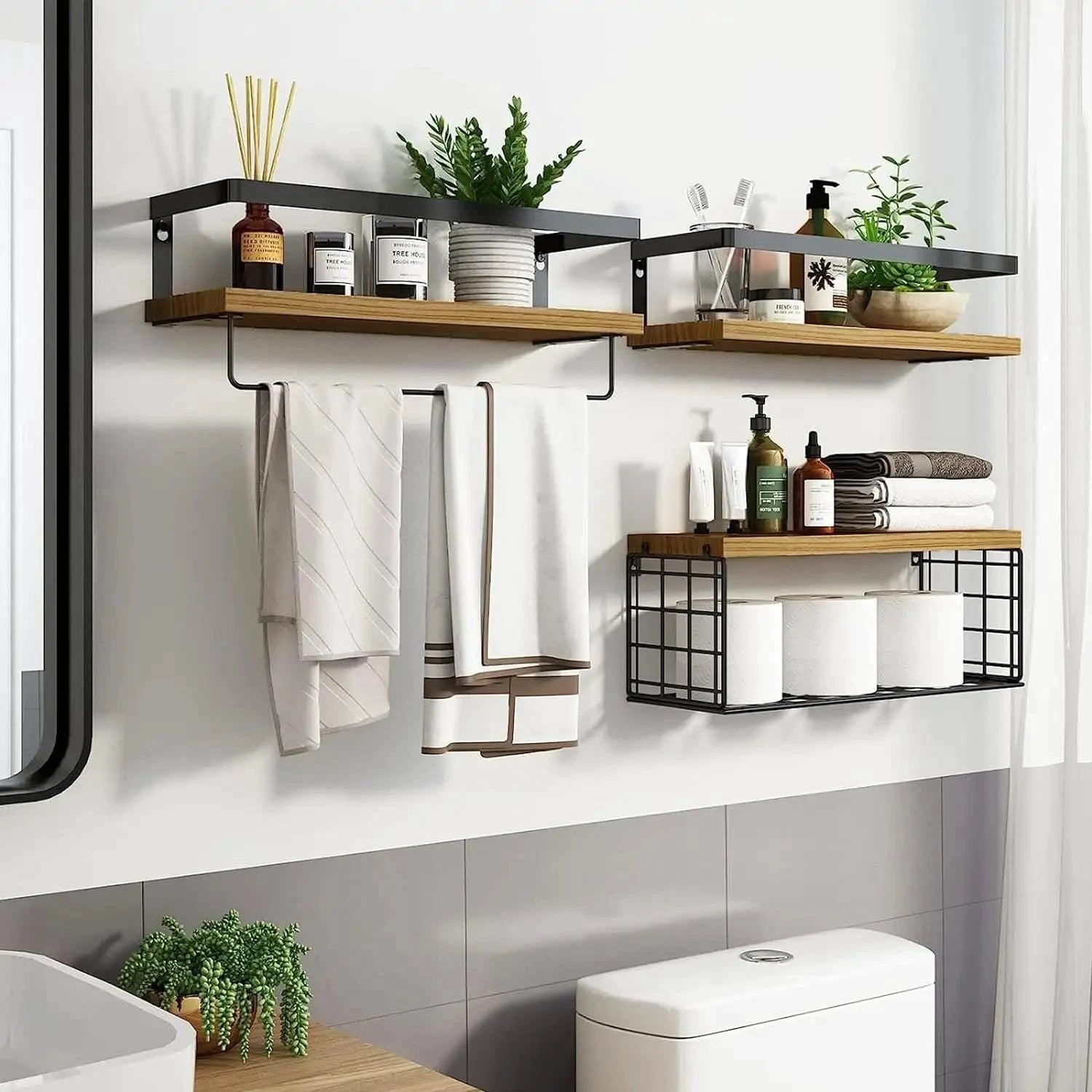 Set of 3 Rustic Wall Mounted Floating Shelves with Towel Rack Bathroom Storage Bath Caddies