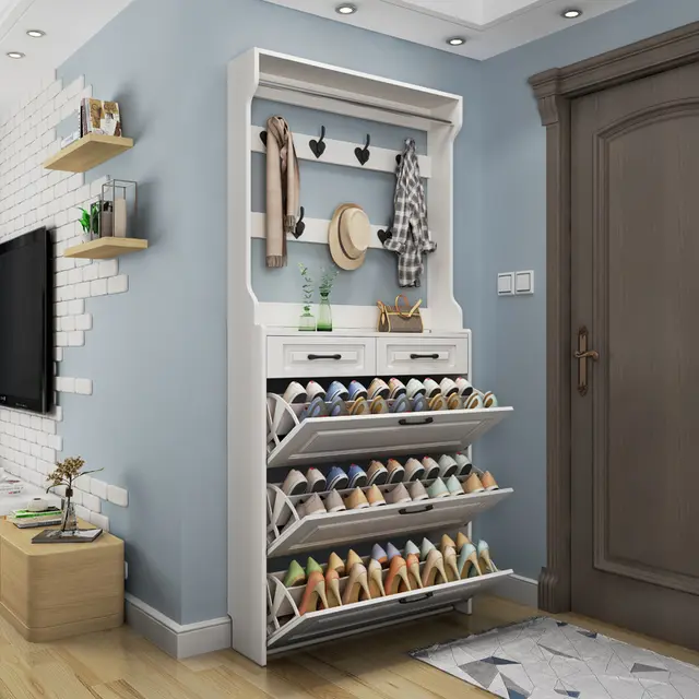 Shoe Cabinet with Hanger White Narrow Tier Shoe Storage